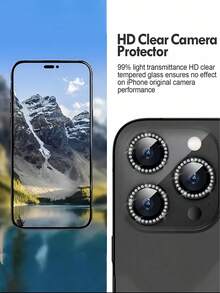 Rhinestone Lens Cover Compatible With IPhone 11-16 Pro Max; Available In Light Purple/Colorful/Black; 9H Super Anti-Explosion; 5D Full Edge; Real Diamond Particles; Dazzling; Outdoor Adventure Essential. Sparkling Crystal, A Gift For Family And Friends, Full-Coverage Lens Protector That Is Waterproof, Shockproof, Anti-Fall, Anti-Scratch, And Anti-Fingerprint. - Black - View 4