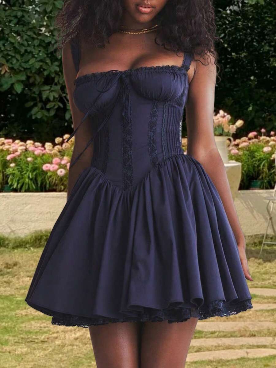 Women Y2k Summer Lace Trim Mini Dress Sleeveless Square Neck Tie-Up Front Short Tank Dress Casual Flowy A-Line Corset Dress Graduation Party Dresses Clubwear White - 藍色 - 查看 1