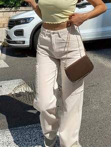Women's Solid Color Cargo Pocket Straight Loose Casual Pants, Spring/Summer - Apricot - View 6