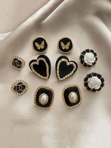 Set de 5 pendientes de mariposa y flores redondos vintage en negro, diseño minimalista y único, adecuado para uso diario y ocasiones, otoño/invierno