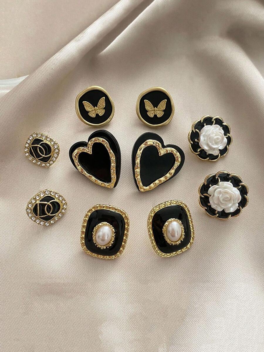 Set de 5 pendientes de mariposa y flores redondos vintage en negro, diseño minimalista y único, adecuado para uso diario y ocasiones, otoño/invierno