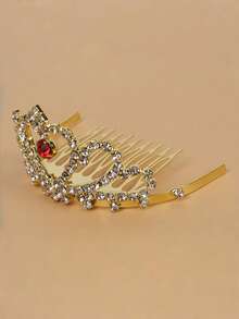 Peineta de corona con corazón rojo y strass en tono dorado, accesorio de cabello versátil de aleación para vestidos de novia - Dorado - Ver 4