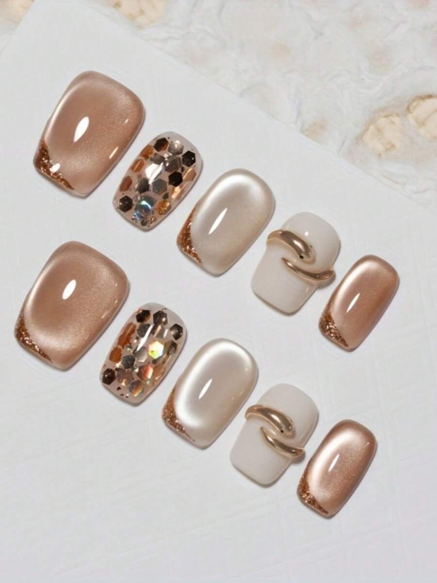 10 件手工按压式指甲套装 - 闪亮棕色猫眼和金色蛇纹设计，中号方形，带闪光装饰 - 女士优雅假指甲 美甲用品 美甲 - 咖啡棕 - 查看 1