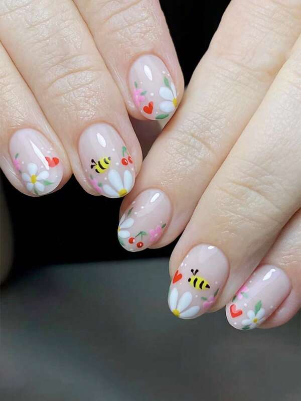 24pcs Short Glossy Oval Nail Art Decals, Cute Bee, Flower, Cherry Pattern, Detachable, Suitable For Spring European And American Cross-Border E-Commerce