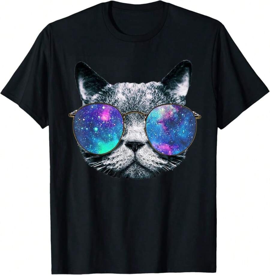Cat Space Glasses Shirt Astronaut Cat Meme Round Glasses Tee T-Shirt/Gro Gifts For Her - Black - View 1