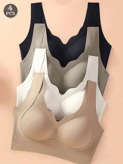 4 piezas Sujetadores sin costuras con efecto push-up para mujer, cómodos y casuales, tipo bralette, ropa interior tipo top, color nude, estilo básico, sin aros, para yoga y deportes, con borde ondulado ribeteado
