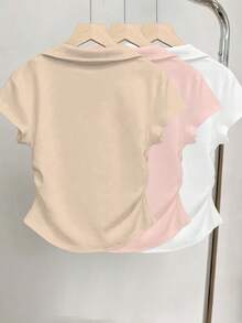 3pcs Women's Casual Fitted Butterfly Print Detail Minimalist Plain Color Pleated Polo Collar Short Sleeve T-Shirt Set - Apricot, Pink and White - View 2