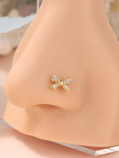 1PC Cute Bow L-Shaped Nose Stud - Shiny White CZ 18K Gold Plated 20G Nose Ring, Dainty L Bend Nose Piercing Jewelry For Women, Hypoallergenic & Comfortable For Daily Wear