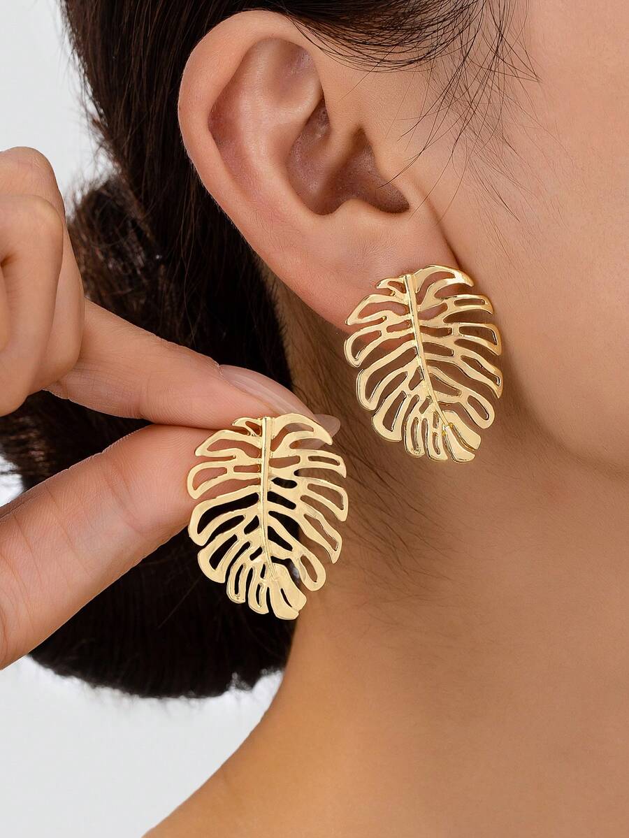 1 Pasang Anting Tusuk Daun Berongga Minimalis yang Modis, Elegan, dan Dapat Dipersonalisasi - Yellow Gold - View 1