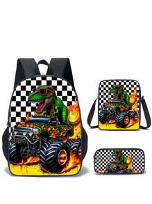 3pcs Dinosaur-Black/Green/Colours Themed Backpack Set With Lunch Box & Pencil Case&Storage Bag - Polyester, Lightweight, Fashionable Mixed Colors