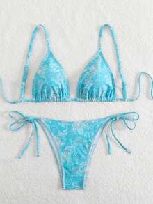 女士夏季沙滩花卉印花性感系带比基尼套装