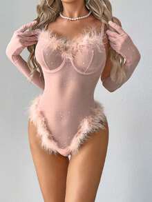 Women Lingerie Chemise Bodysuits Feather Patchwork Sequins See-Through Teddy Babydoll Nightgown Sleepwear Nightie With Gloves - Pink - View 4