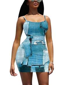 Nimsruc Women Bodycon Dress Summer Short Backless Spaghetti Strap Dresses - 6667 Denim Print - View 2
