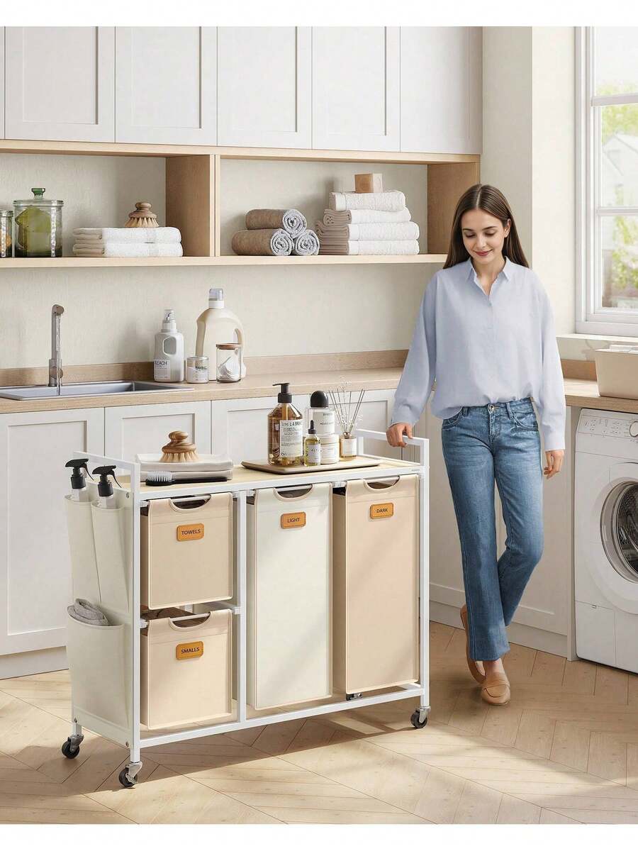 Laundry Hamper With 4 Compartments, 150 L Laundry Sorter, Rolling Laundry Cart With Shelves, Removable Liners, 6 Labels, Camel Brown And Cream - Camel - View 1