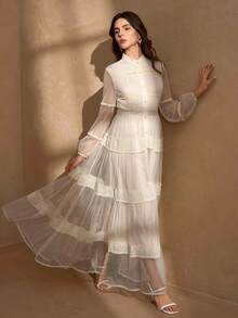 Elegant Multi-Layer Lace Patchwork Open Front Long Sleeve Women Cocktail Dress - Apricot - View 5