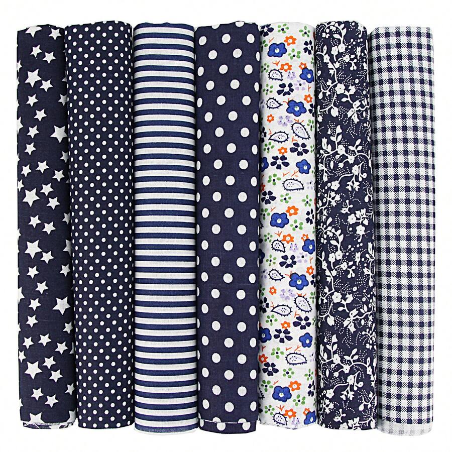 7pcs Cotton Fabric DIY Patchwork Materials, Scrap Fabric Pack, Suitable For DIY Patchwork, Quilting, Patchwork Pillow And More - Dark Blue - View 1
