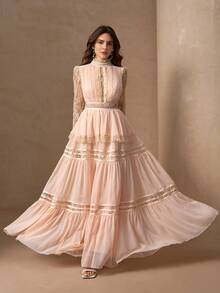 优雅蕾丝拼布镂空腰前开衩设计女式长袖浪漫奢华连衣裙 - 香檳色 - 查看 2