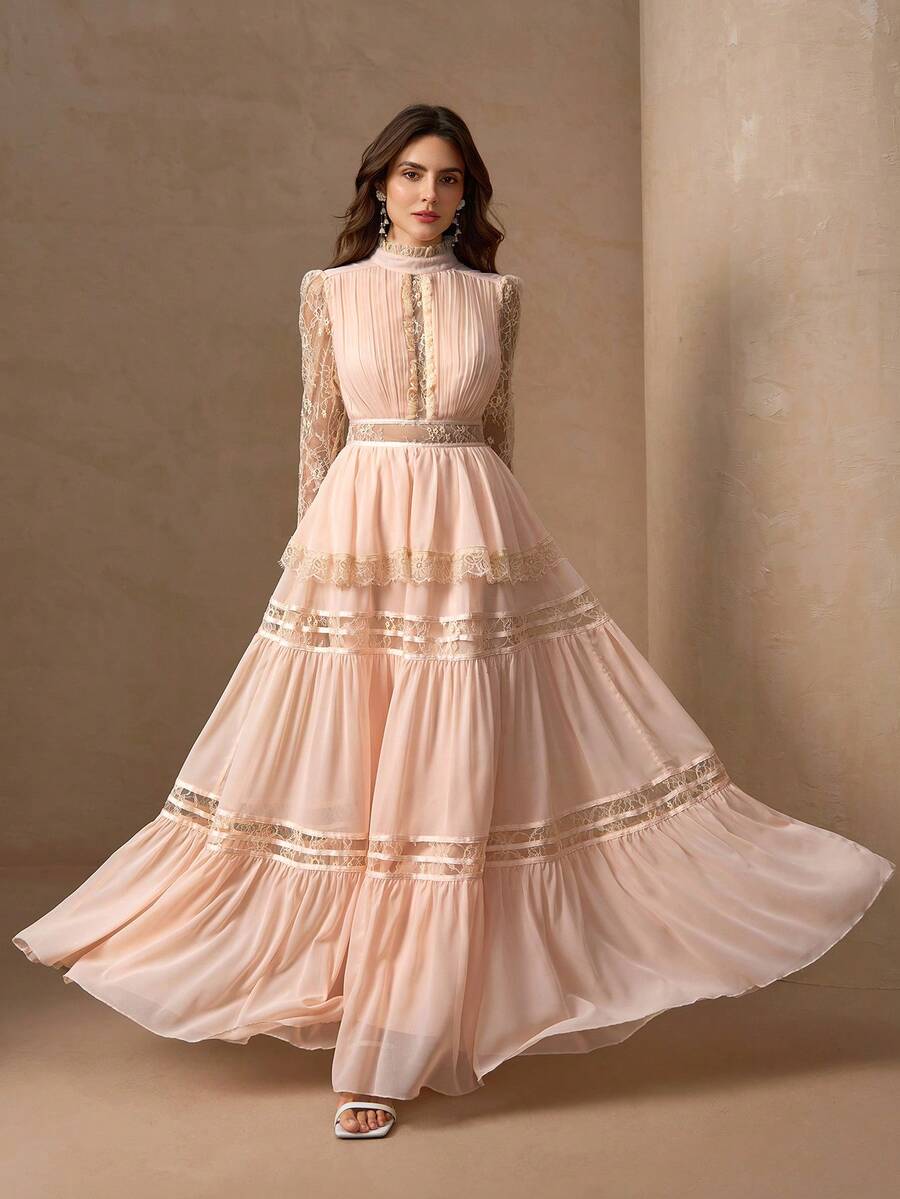 优雅蕾丝拼布镂空腰前开衩设计女式长袖浪漫奢华连衣裙