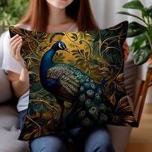 4pcs Vintage Peacock Oil Painting Pattern Throw Pillow Covers, 18x18 Inches - Soft Velvet Material, Zippered, Machine Washable, Suitable For Living Room And Bedroom Decor. - Dark Green - View 7