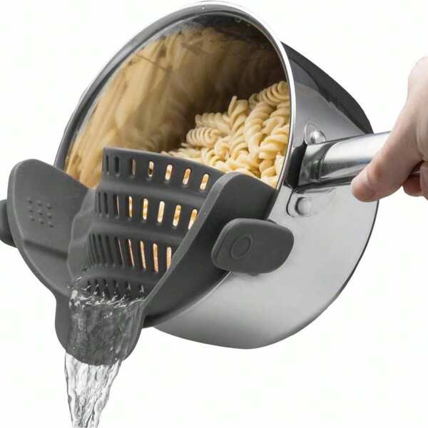 Silicone Pasta Strainer Clip-On For Pots And Pans - Heat Resistant Colander For Vegetables And Noodles - Kitchen Gadgets For Cooking - Space-Saving Design - Grey