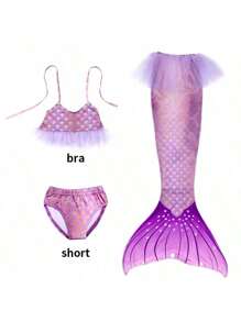 3 Pcs Mermaid Costume,Mermaid Tail For Girls Role-Play,Children Beach/ Pool Swimsuit , Princess Dress Bikini Bathing Costume,No Flippers