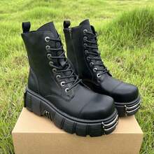 Retro Combat Boots For Women And Men Thick Sole With Zipper Soft Leather Metal Decoration Punk Style Unisex Ankle Boots - 黑色 - 查看 1