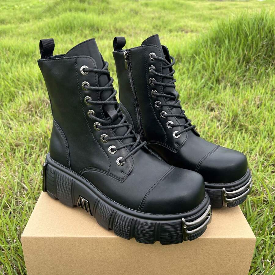 Retro Combat Boots For Women And Men Thick Sole With Zipper Soft Leather Metal Decoration Punk Style Unisex Ankle Boots - 黑色 - 查看 1