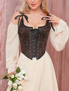Fashion Womens Sexy Vintage 1920s Renaissance Lace Trim Corset Bustier - Brown - View 1