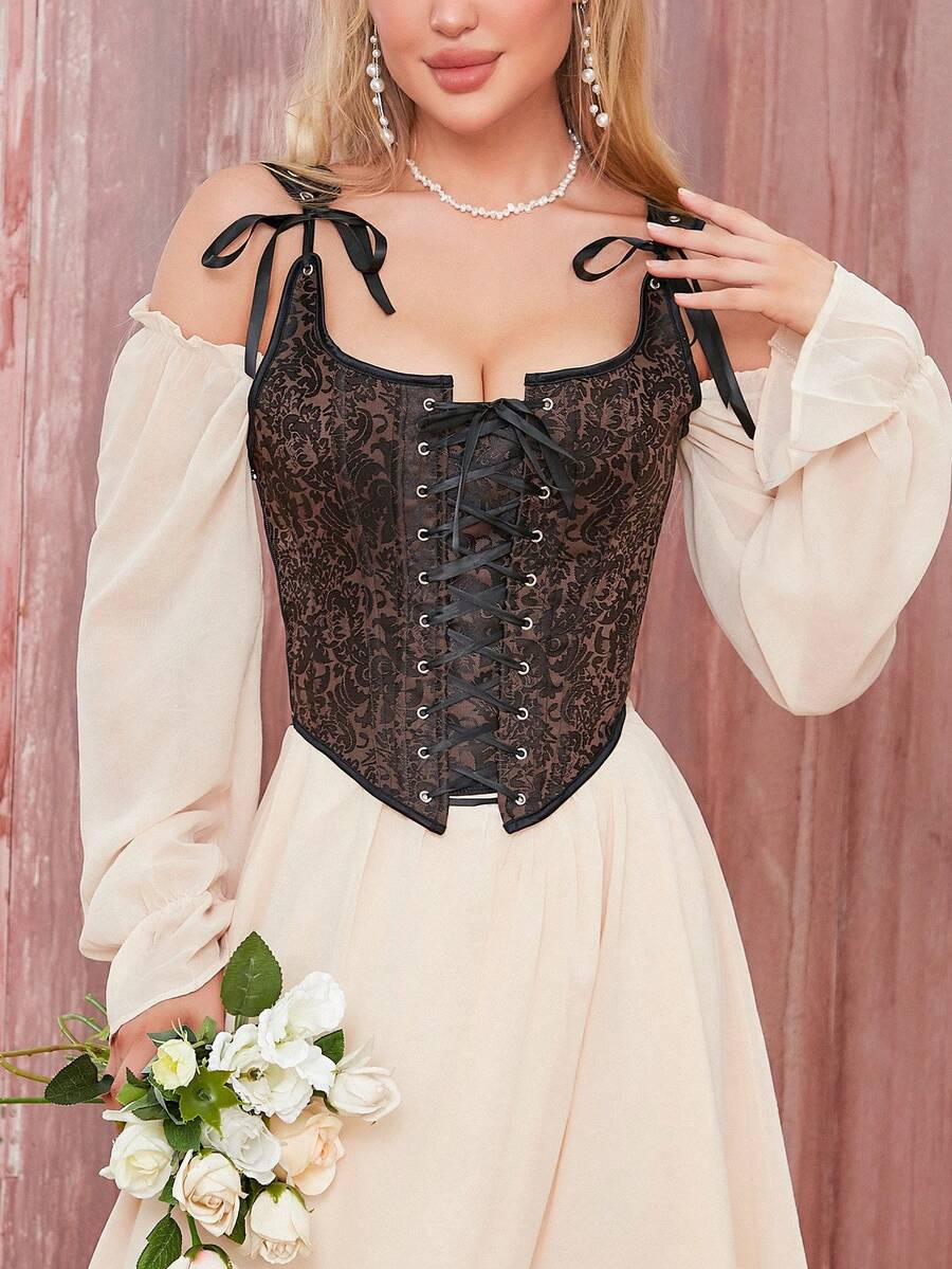 Fashion Womens Sexy Vintage 1920s Renaissance Lace Trim Corset Bustier - Brown - View 1