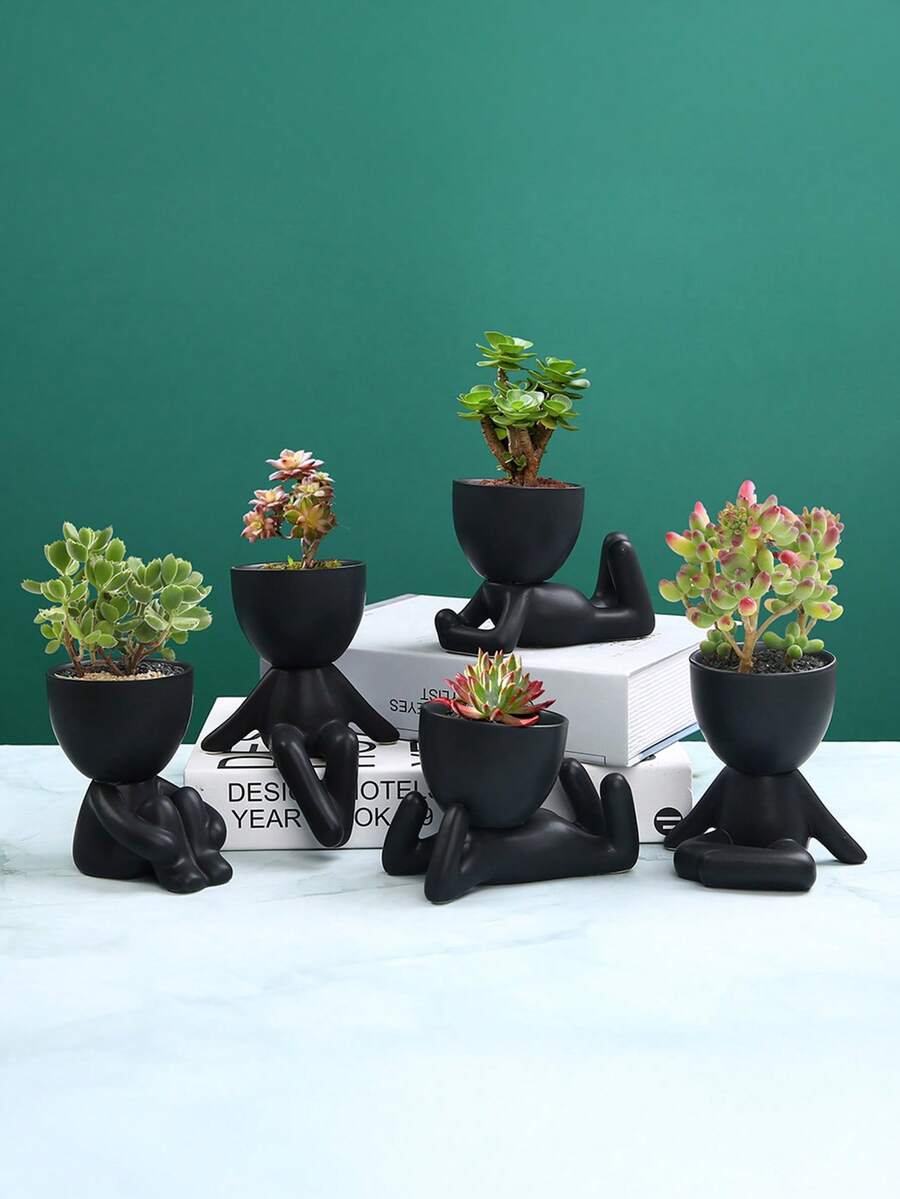 1pc Creative Human-Shaped Succulent Planter With Colorful Artificial Plants - Black Ceramic, Modern Minimalist Home & Office Decor, Geometric Shaped Plant Pot, Suitable For Indoor/Outdoor Garden, Wedding, Easter Table Centerpiece, Storage & Display - Black - View 1