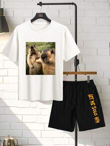 Conjunto masculino personalizado de 2 peças, camiseta e shorts, casual, solto, streetwear, esportivo, férias, ar livre, primavera, verão, outono, adequado para namorado, família, aniversário de amigo