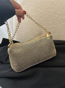 Bolsa de ombro com alça de corrente decorada com strass, bolsa clutch de noite com zíper, bolsa de axila de alta qualidade