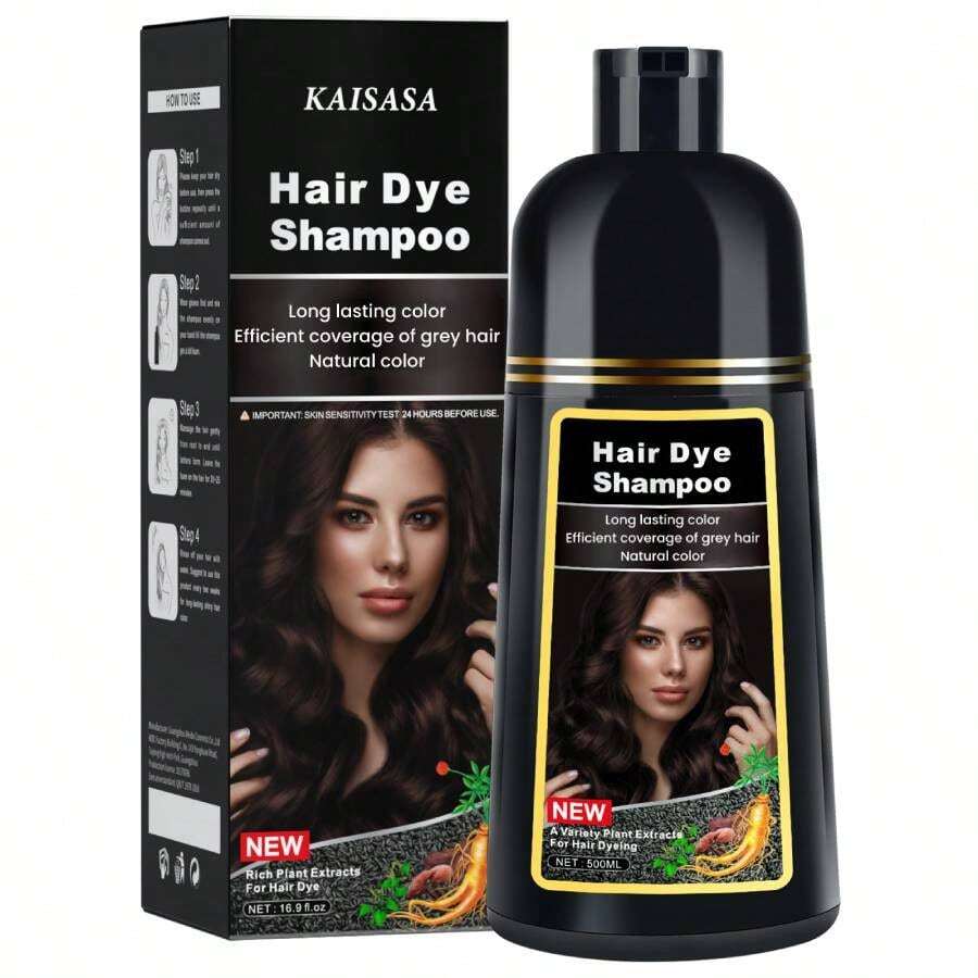 三合一棕色染发洗发水，男女通用染发洗发水，遮盖白发，草本成分，含染发剂，500毫升（深棕色） - 深棕 - 查看 1