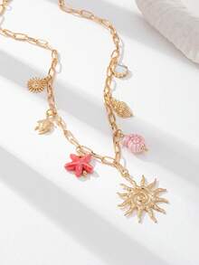 1 件手工制作的夏日海滩元素海星贝壳旭日吊坠项链，女士阳光阳光吊坠项链珠宝，波西米亚风格珠宝配饰（颜色和形状略有不同）