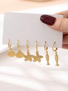 6pcs/Set Ocean Theme Earrings Set Featuring Turtle, Shell, Seahorse, Starfish, Beach & Seashell Charm Designs, Suitable For Summer