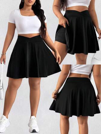 Damen große Größen Lässig Einfarbiger ärmelloser Slim Fit Golfminirock mit hoher Taille, für Outdoor-Sport, Fitness, geeignet für den Sommer