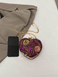 花卉亮片拼接不对称手提包，爱心造型手拿包，优雅五金装饰，适合晚宴、婚礼、度假等场合，可斜挎，链条设计，可装口红和零钱包，情人节礼物，紫色，亮片 - 紫色 - 查看 9