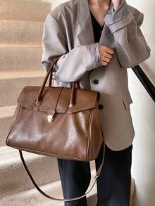 1 pieza Bolso de mano grande de PU de unicolor con estilo retro y vintage, adecuado para el uso diario, viajes y compras. Hay dos tamaños disponibles: pequeño y grande. - Multicolor - Ver 7