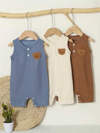 3pcs Newborn Baby Boy Sleeveless Bodysuit Set, With Cute Bear Patch, Summer Knit Fabric, Brown, White, Light Blue, Casual Outdoor Outfit