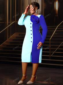 Plus V-Neck 3D Floral Decorated Fitted Long Sleeve Dress, Party Dress, Wedding Guest Cocktail Dress