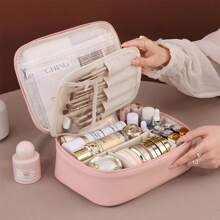 Large Capacity Removable 3-Layer Makeup Bag, Vegan Leather Travel Cosmetic Organizer With Brush Holder, Unisex Portable Toiletry Case, Alcohol-Free Makeup Storage Solution, Elegant Design Makeup Organizer Bathroom Accessories