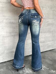 NVFelix 2025 New Women's Summer Y2K Fashion Streetwear Casual Versatile Embroidered Pocket Long Stretch Flared Jeans - 藍色 - 查看 9