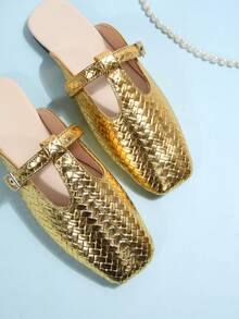 女士新款春夏一脚蹬鞋，仙女风时尚舒适露背穆勒鞋，百搭休闲乐福鞋，平底软底鞋，玛丽珍平底鞋，职场鞋 - 金色 - 查看 4