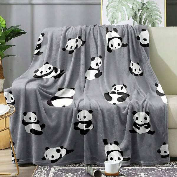 1pc Panda Print Flannel Blanket, Personalised Grey Panda Pattern, Soft Plush Luxury Flannel Blanket For Bed, Sofa, Chair, Warm And Comfortable, Suitable For Travel, Outdoor, Birthday Or Anniversary Gifts