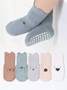 5 双卡通图案防滑婴幼儿室内袜，软底地板袜，适合日常穿着