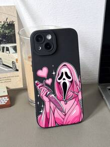 1pc Girly Pink Ghost Face & Heart Shiny Jewel Pattern Transparent Soft Protective Phone Case, Suitable For IPhone 11/12/13/14/15/16/17 Pro Max