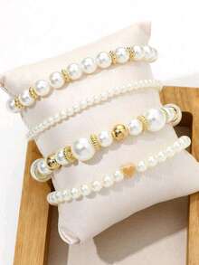 4pcs/Set Fashionable Love & Beaded Bracelet, Faux Pearl Bracelet Set Valentine's Day Accessories - Multicolor - View 3