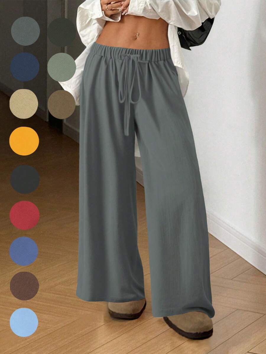 Celana Panjang Model Lebar dengan Potongan Drape Warna-warni: Kain Tenun Ringan + Pinggang Elastis dengan Tali Serut, Serbaguna untuk Berpergian/Berbelanja/Pakaian Kasual, Cocok untuk Kencan, Pelajar, dan Aktivitas Sehari-hari. Gaya Serbaguna untuk Semua Acara. - Grey - View 1