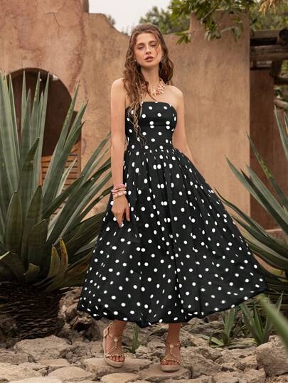 Faeriesty Vestido sin tirantes con lunares BohoBloom - Conjunto de vacaciones bohemio para escapadas a la playa, almuerzos en el jardín, giras culturales y vacaciones