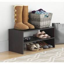 Wood Stackable 2-Tier 9 Pair Shoe Rack - 24-Inch Shoe Organizer Shelf - Espresso# - Black - View 2
